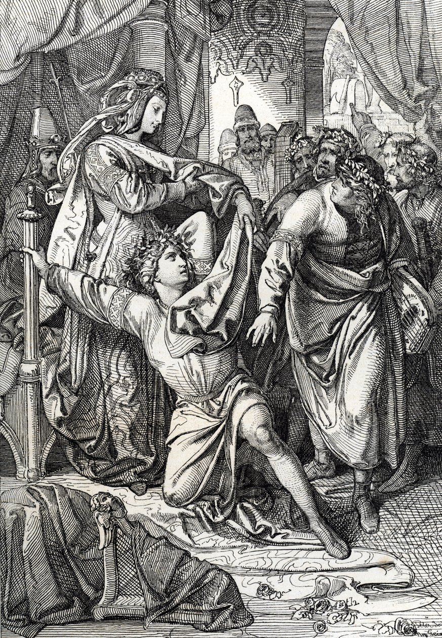 Der poetische Wettstreit auf der Wartburg in Deutschland im Jahr 1207: die Minnesänger wetteifern in poetischen Spielen, der Troubadour Heinrich von Ofterdingen wird von der Gräfin beschützt von Peter Johann Nepomuck Geiger