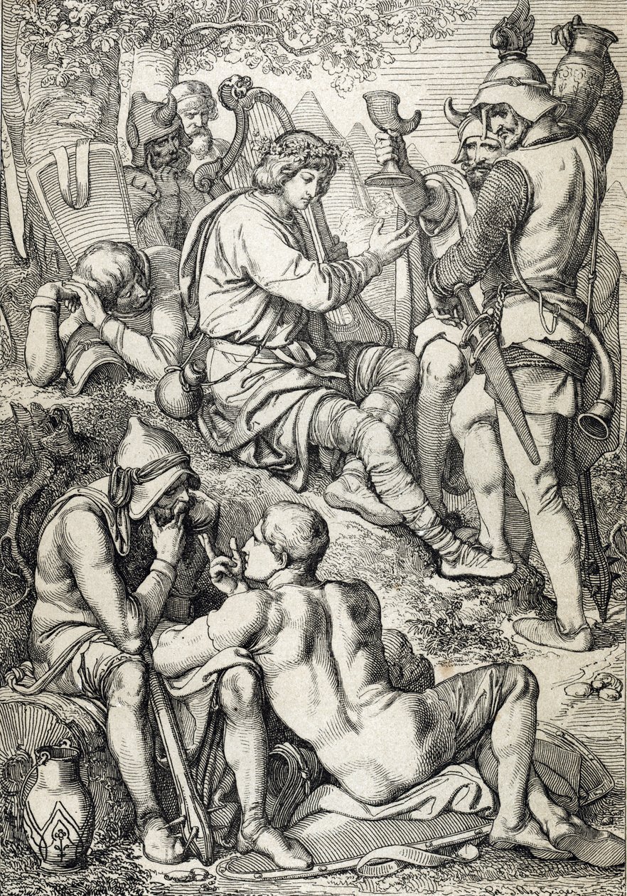 Krieg gegen die Wikinger: Der König von Wessex Alfred I. der Große (846-899) verkleidet sich als Harfenspieler und betritt das Lager von Guthrum, um seine Schlachtpläne zu stehlen, Somerset 878 von Peter Johann Nepomuck Geiger