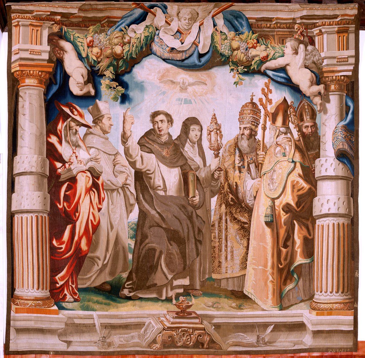 Flämischer Wandteppich. Serie Der Triumph der Eucharistie. Die Verteidiger der Eucharistie. Zehnter Wandteppich der Serie. Modell Peter Paul Rubens. 1626-1628. Herstellung Jan II Raes, Hans Vervoert, Jacques Fobert, Brüssel von Peter Paul (after) Rubens