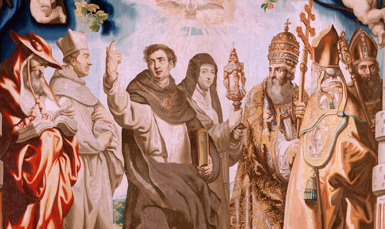 Flämischer Wandteppich. Serie Der Triumph der Eucharistie. Die Verteidiger der Eucharistie. Zehnter Wandteppich der Serie. Modell Peter Paul Rubens. 1626-1628. Herstellung Jan II Raes, Hans Vervoert, Jacques Fobert, Brüssel von Peter Paul (after) Rubens
