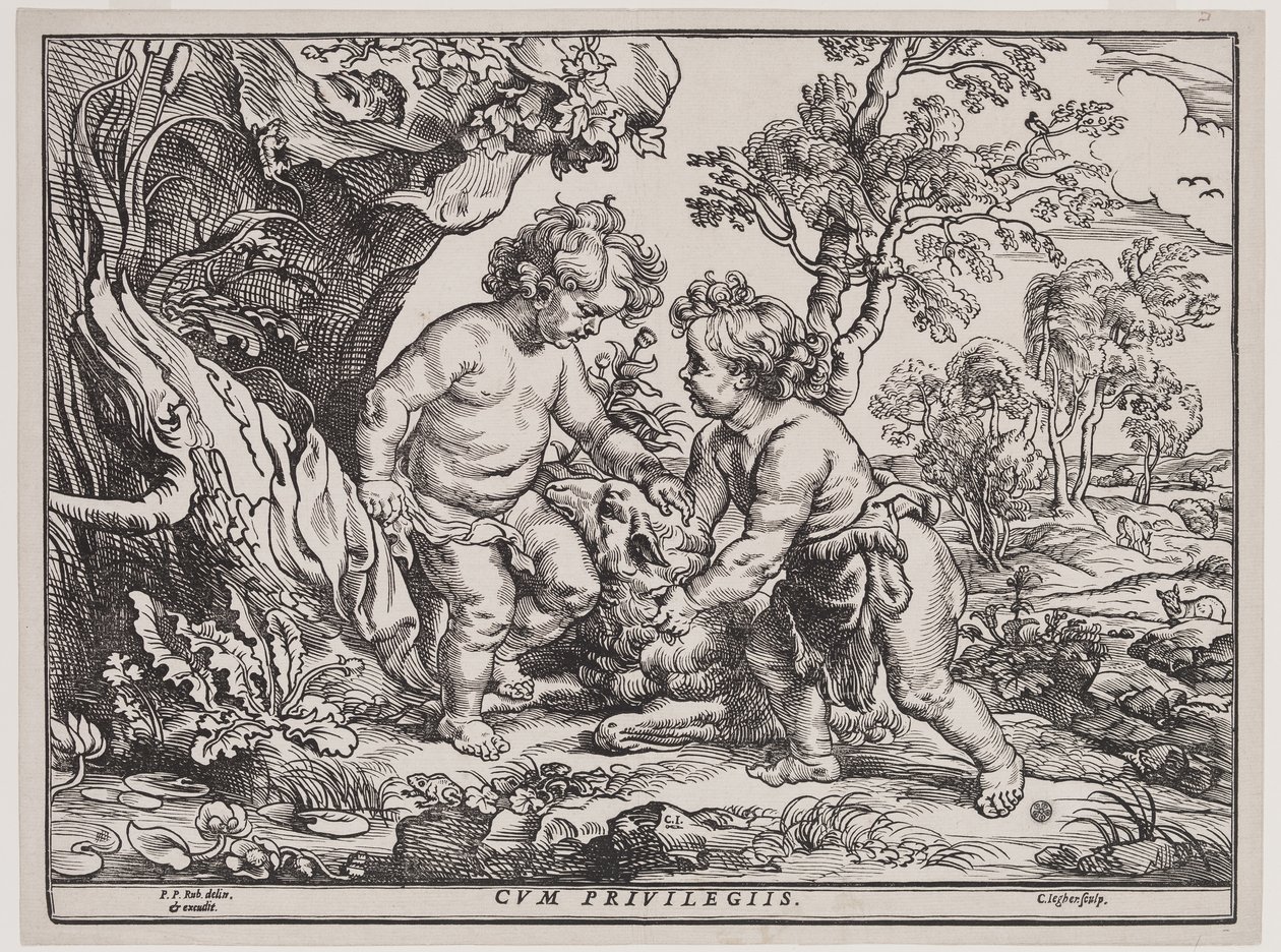 Christuskind und Johannes der Täufer spielen mit einem Lamm, Gravur von Christoffel Jegher (1596-1653), nach 1632 von Peter Paul (after) Rubens