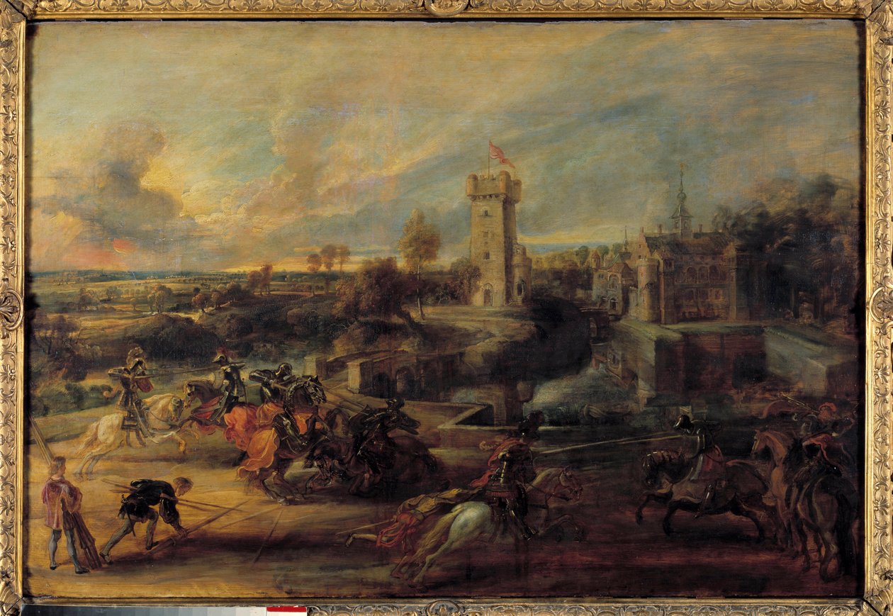 Ein Turnier in der Nähe der Gruben von Schloss Steen (Mittelalter). Flämisches Gemälde von Pierre Paul (Pierre-Paul) Rubens (oder Peter Paul oder Petrus Paulus) (1577-1640) von Peter Paul Rubens