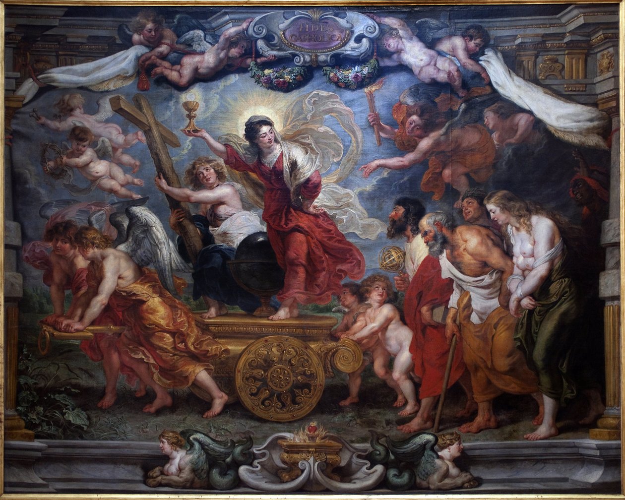 Der Triumph des katholischen Glaubens. Allegorie des Triumphs der Eucharistie über Natur, Wissenschaft, Philosophie und Poesie. Eine Frau auf einem Wagen hält einen Kelch mit einer Hostie, Symbol der Eucharistie. Engel halten Symbole der Passion: Kreuz, Do von Peter Paul Rubens