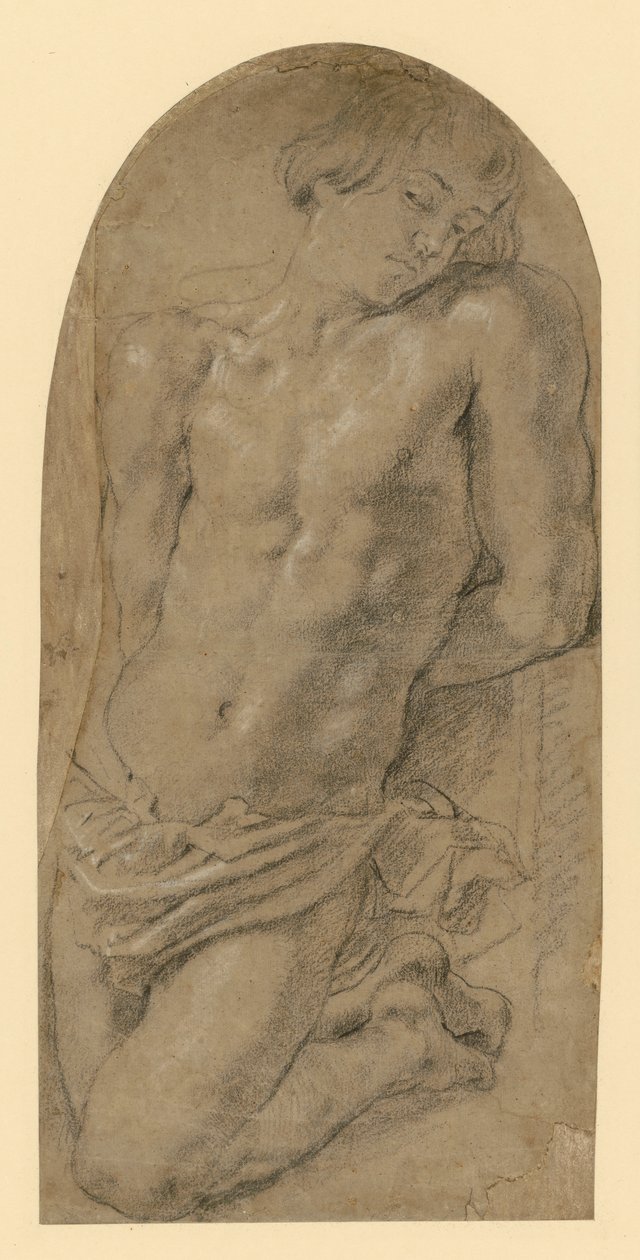 Junger Mann kniet nach links mit hinter dem Rücken gefesselten Händen. (Vorstudie für Isaak im Gemälde "Abrahams Opfer") von Peter Paul Rubens
