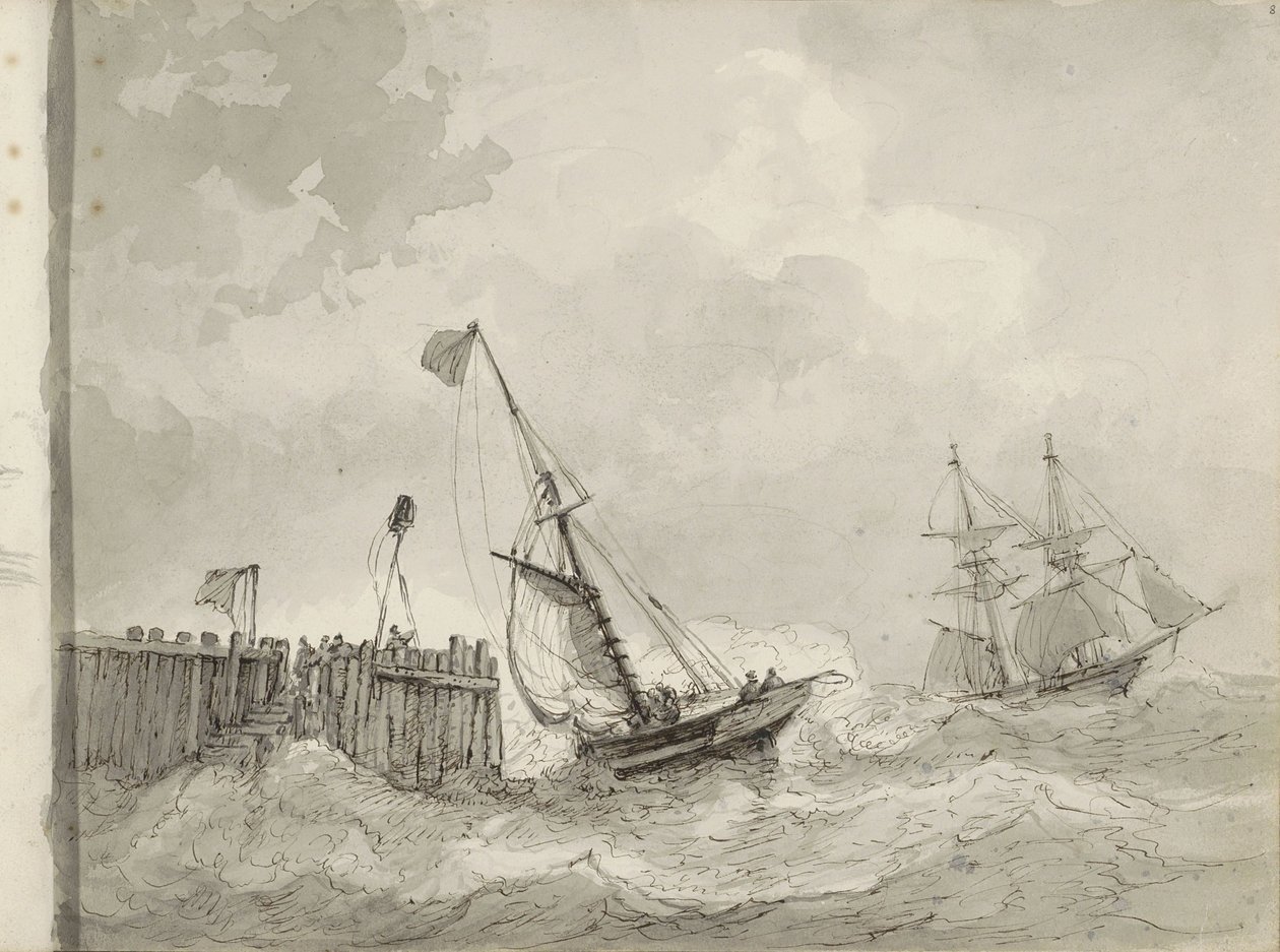Zwei Segelschiffe an einem Anlegeplatz von Petrus Johannes Schotel (circle of)