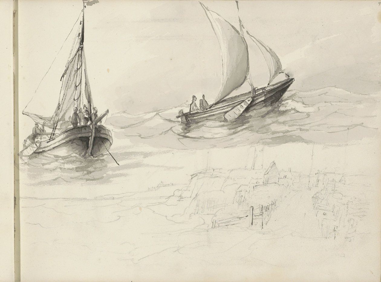 Zwei Segelschiffe mit Figuren auf See von Petrus Johannes Schotel (circle of)