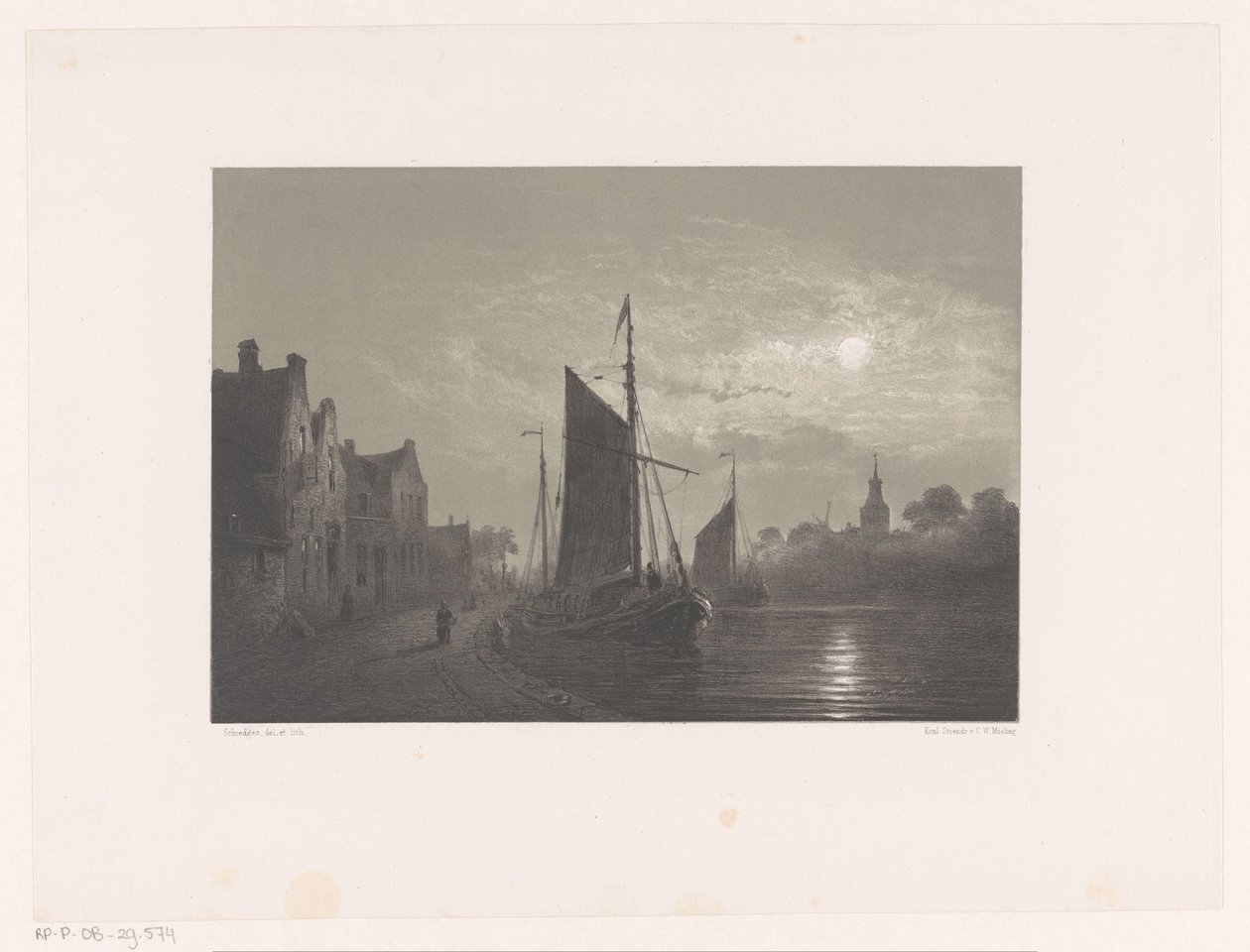 Segelboote entlang einer Mole bei Mondlicht von Petrus Paulus Schiedges (I)