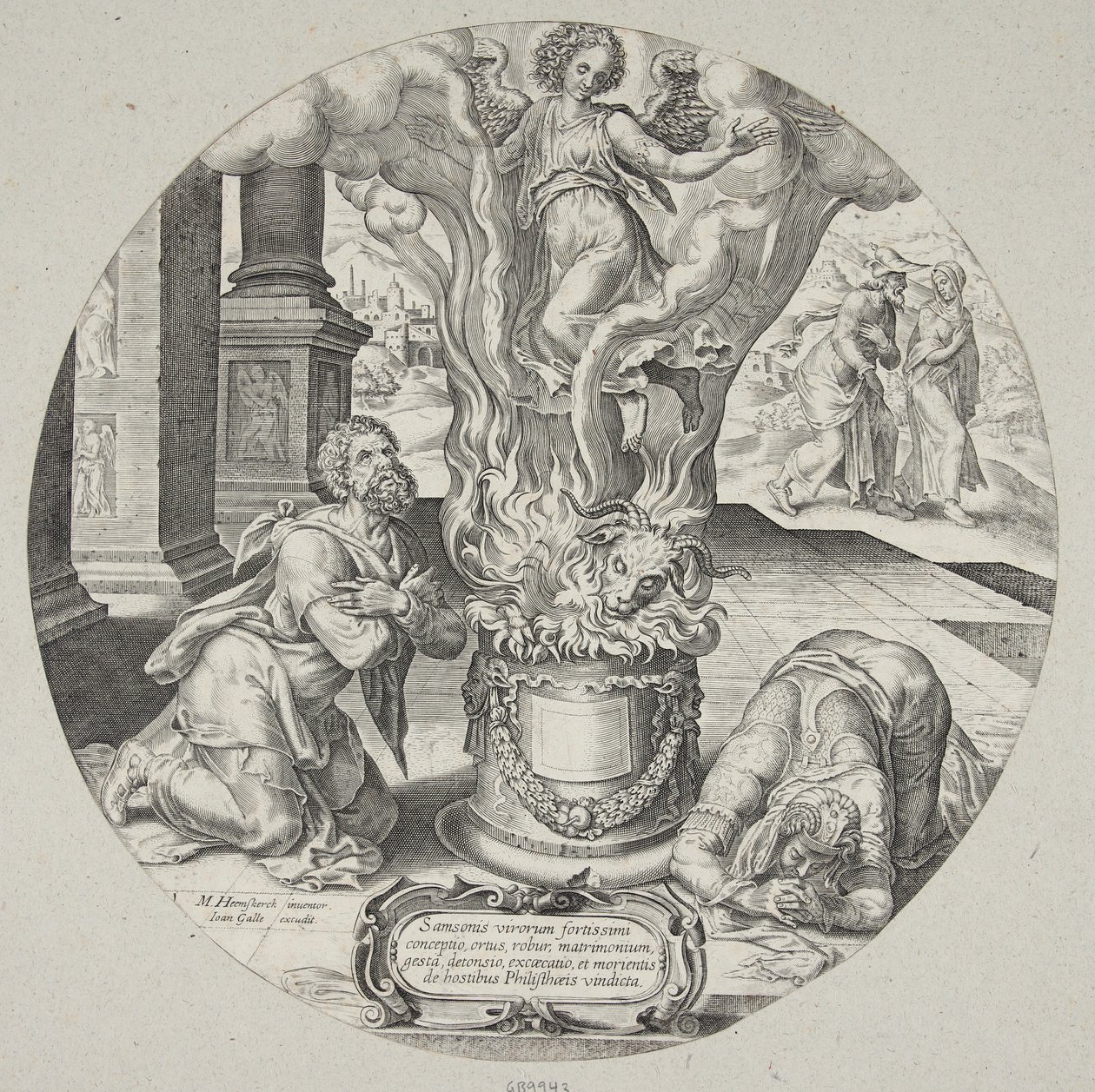 Der Engel tritt in die Flammen auf Manoas und seiner Frau Altar von Philip Galle