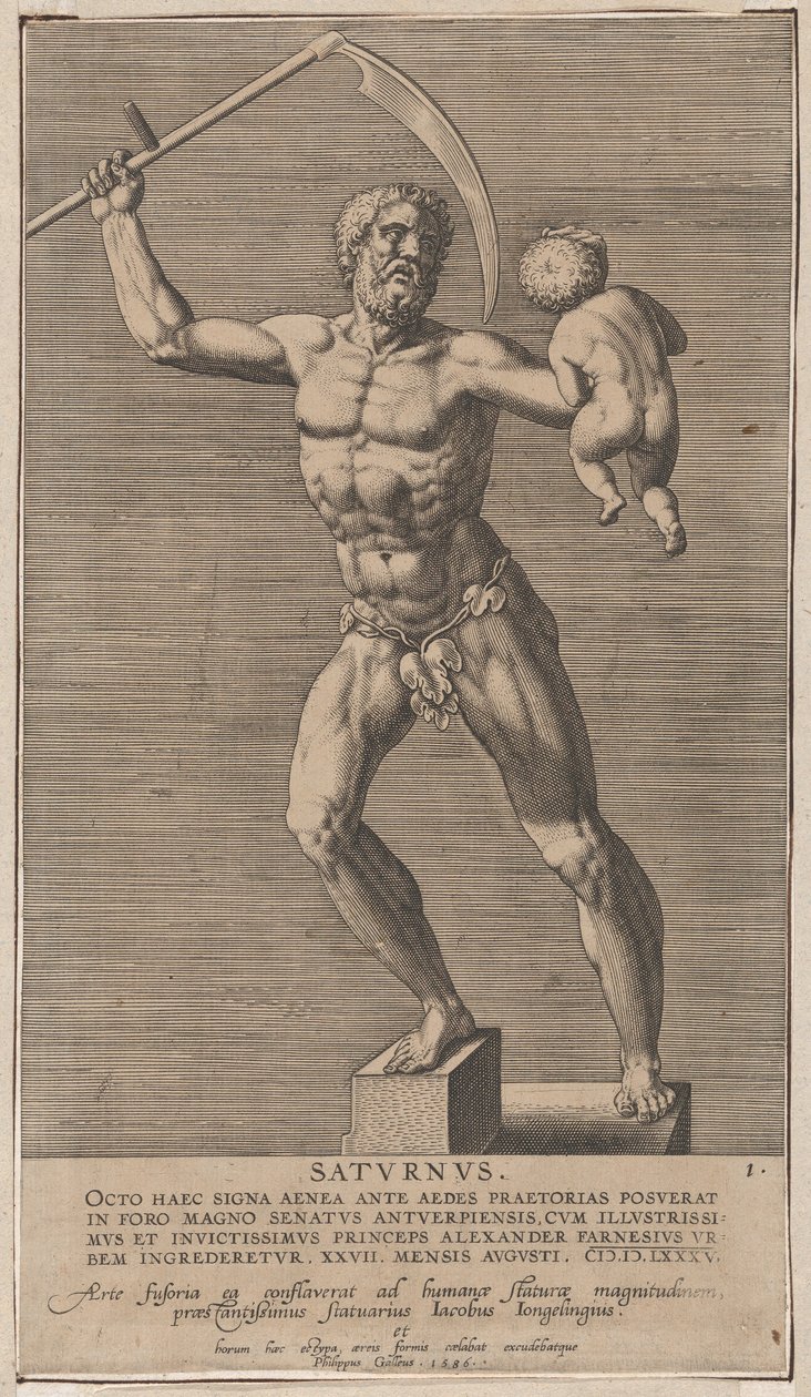 Saturn, Statue des nackten Gottes, der auf einem Sockel steht und eine Sense in der rechten Hand hält von Philip Galle