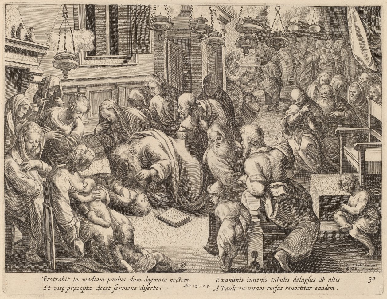 Der Sturz des Eutychus von Philip Galle after Jan van der Straet