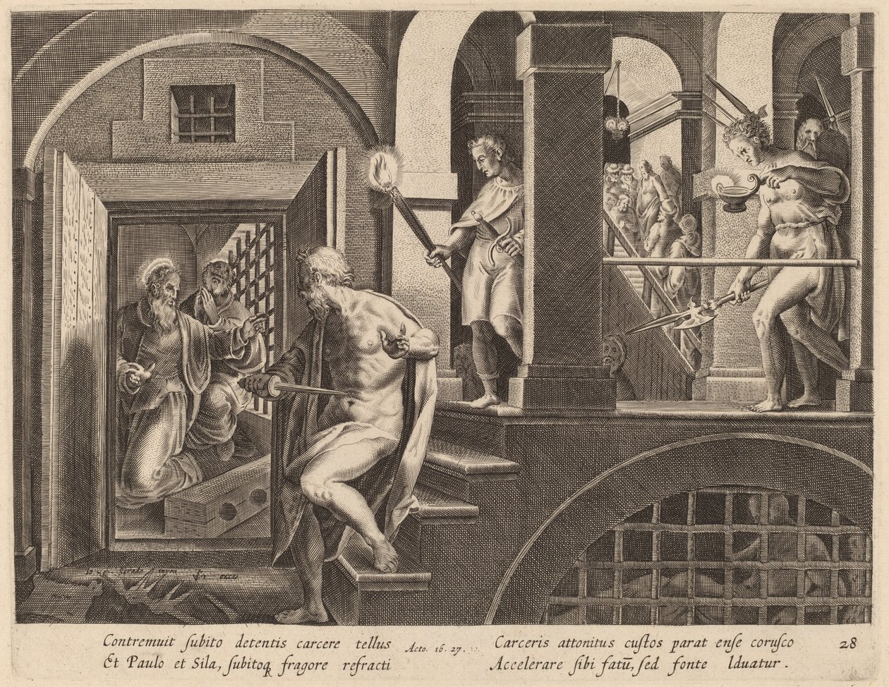 Der Gefängniswärter, der sich selbst töten will, bekehrt durch den heiligen Paulus von Philip Galle after Jan van der Straet