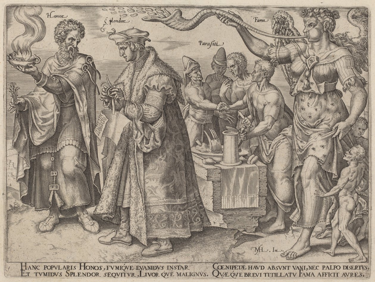 Ehre, Glanz, Parasiti, Fama (Die trügerischen Wirkungen des Reichtums) von Philip Galle, after Maerten van Heemskerck