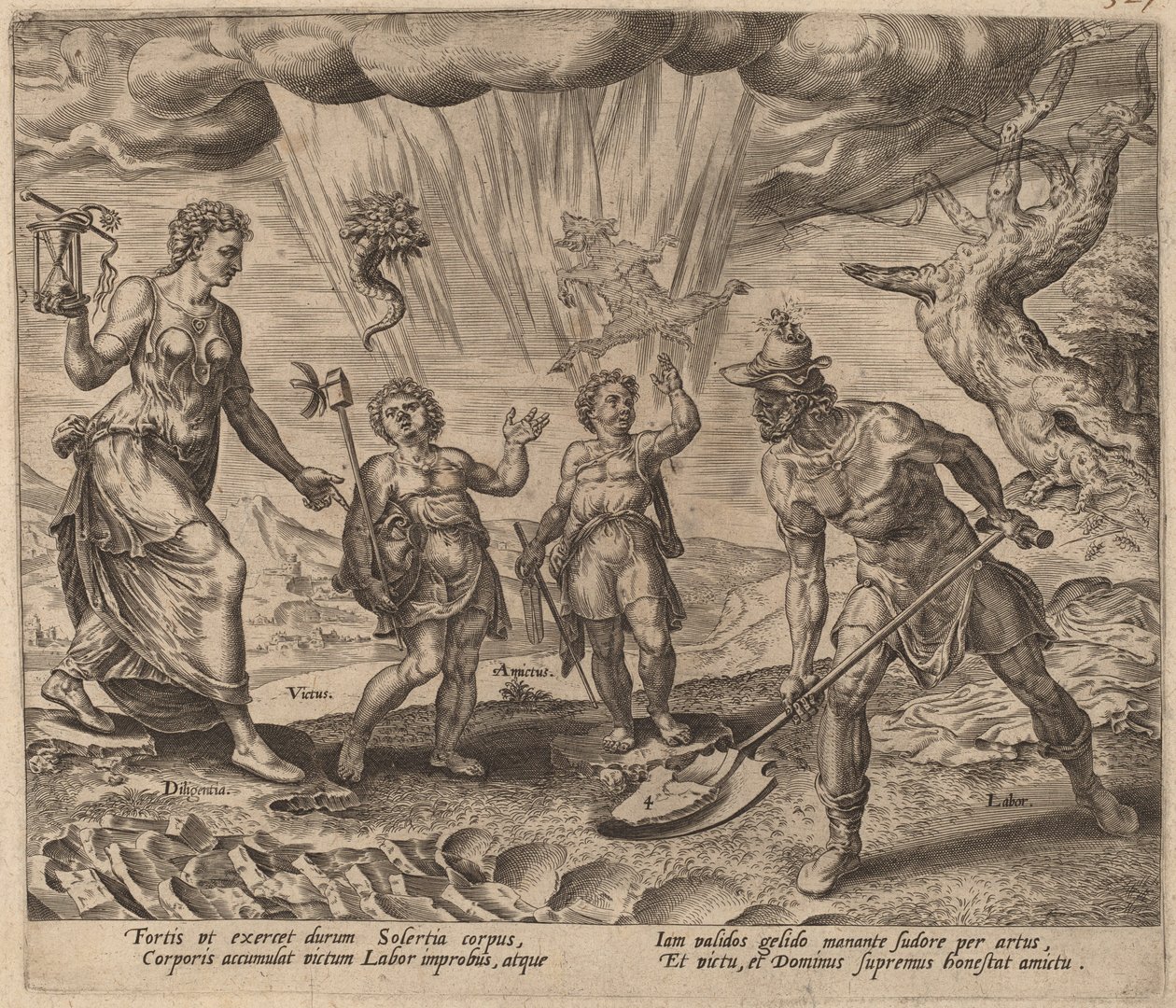 Der Herr versorgt den fleißigen Arbeiter mit Nahrung und Kleidung von Philip Galle after Maerten van Heemskerck