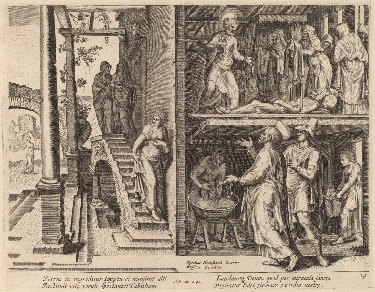 Die Auferweckung der Tabitha von Philip Galle after Maerten van Heemskerck