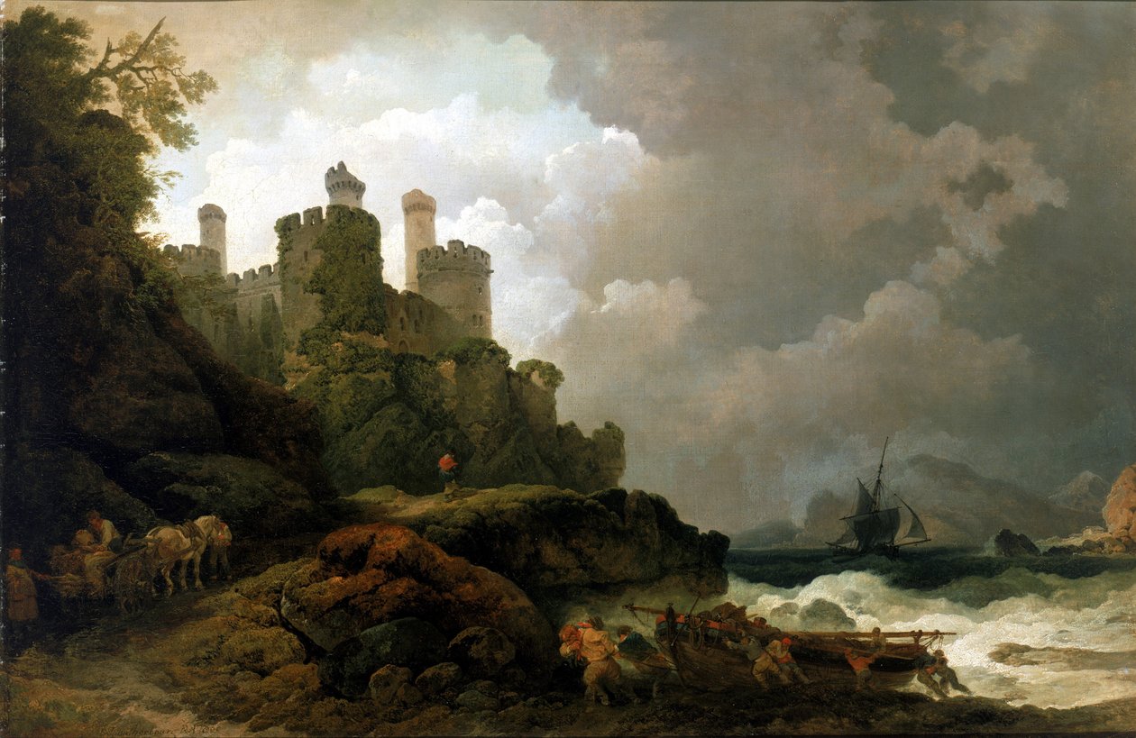 Ein Fischerboot an Land gezogen, in der Nähe von Conwy Castle (Wales). Öl auf Leinwand, um 1800, von Philippe-Jacques de Loutherbourg (1740-1812) von Philip James de (1740 1812) Loutherbourg