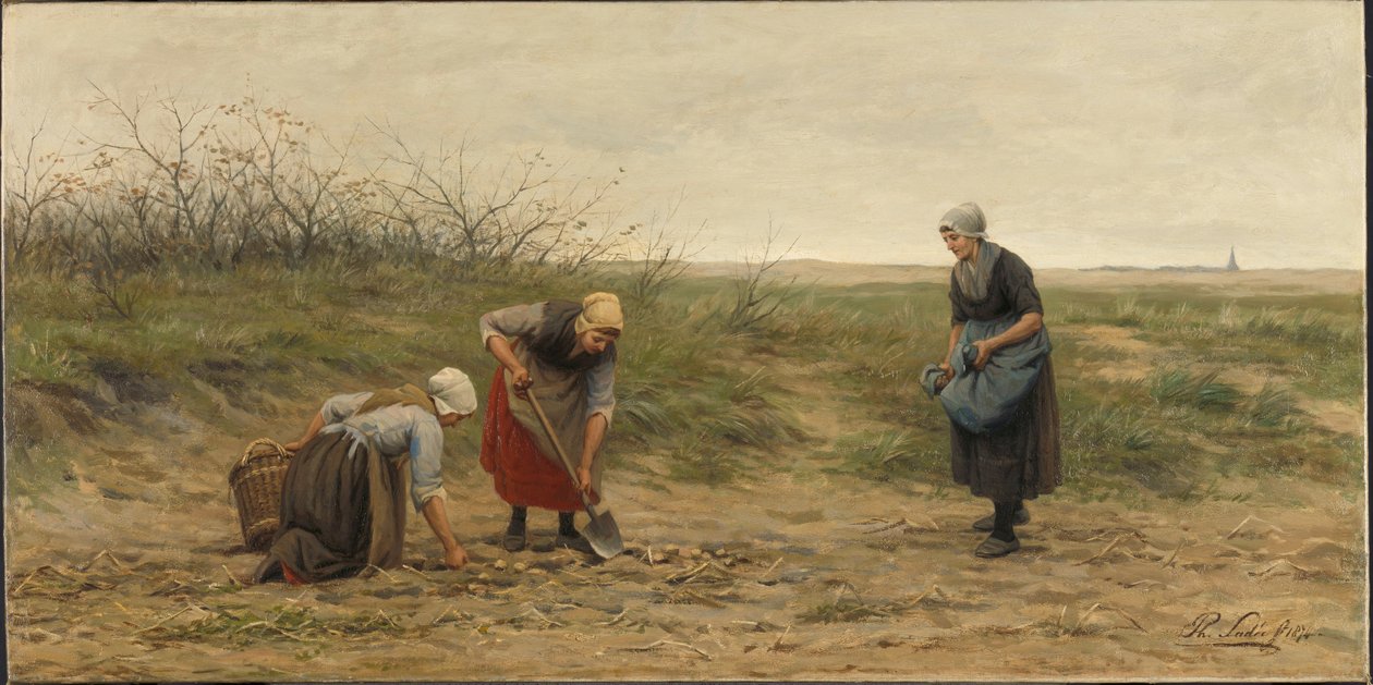 Frauen aus Scheveningen ernten Kartoffeln auf einem Feld von Philip Lodewijk Jacob Frederick Sadee