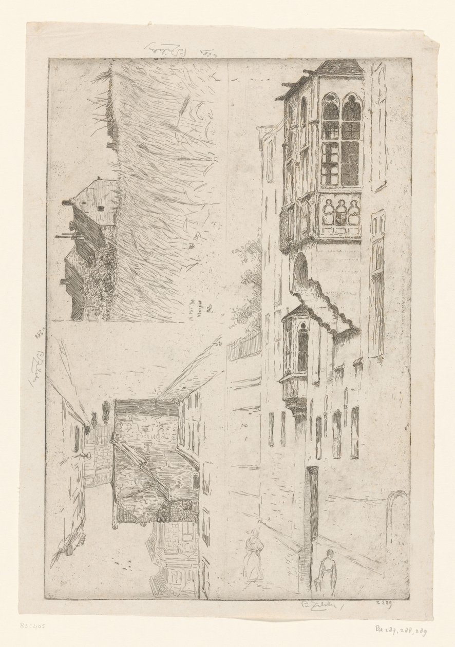Kornfeld mit Häusern und zwei Ansichten von Häusern in einer Stadt von Philip Zilcken (signed by artist)