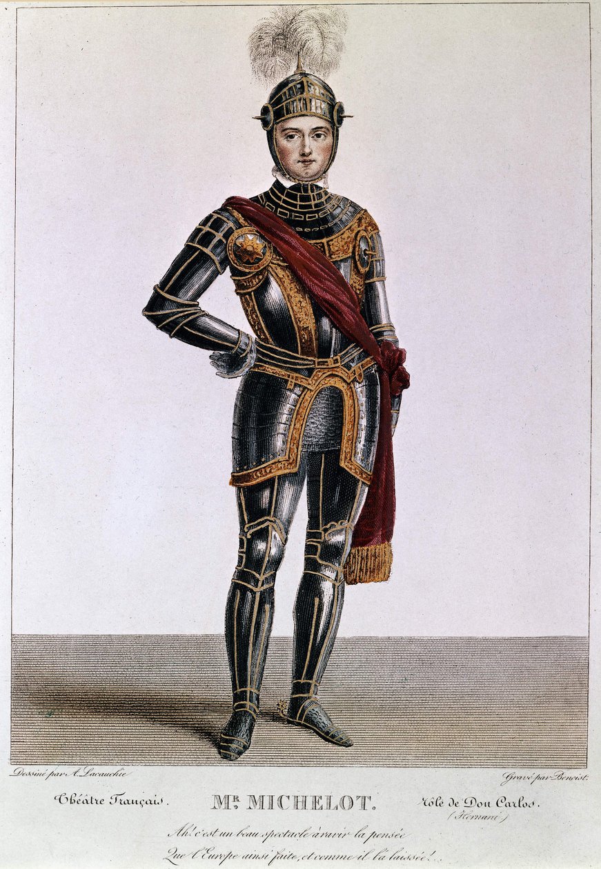 Herr Michelot in der Rolle des Don Carlos in Victor Hugos Hernani. Gravur von Benoist. 19. Jahrhundert von Philippe Benoist