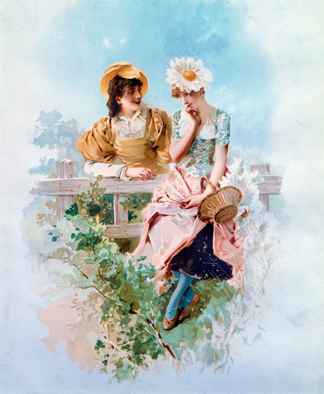 Vertrauen. Zwei junge Mädchen flüstern sich Geheimnisse zu (Lithographie) von Philippe Jacques Linder