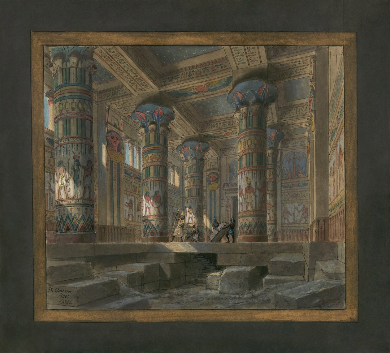 Szenografie von Philippe Chaperon für die Oper Aida von Giuseppe Verdi (1813-1901): der Tempel der Isis von Philippe Marie Chaperon