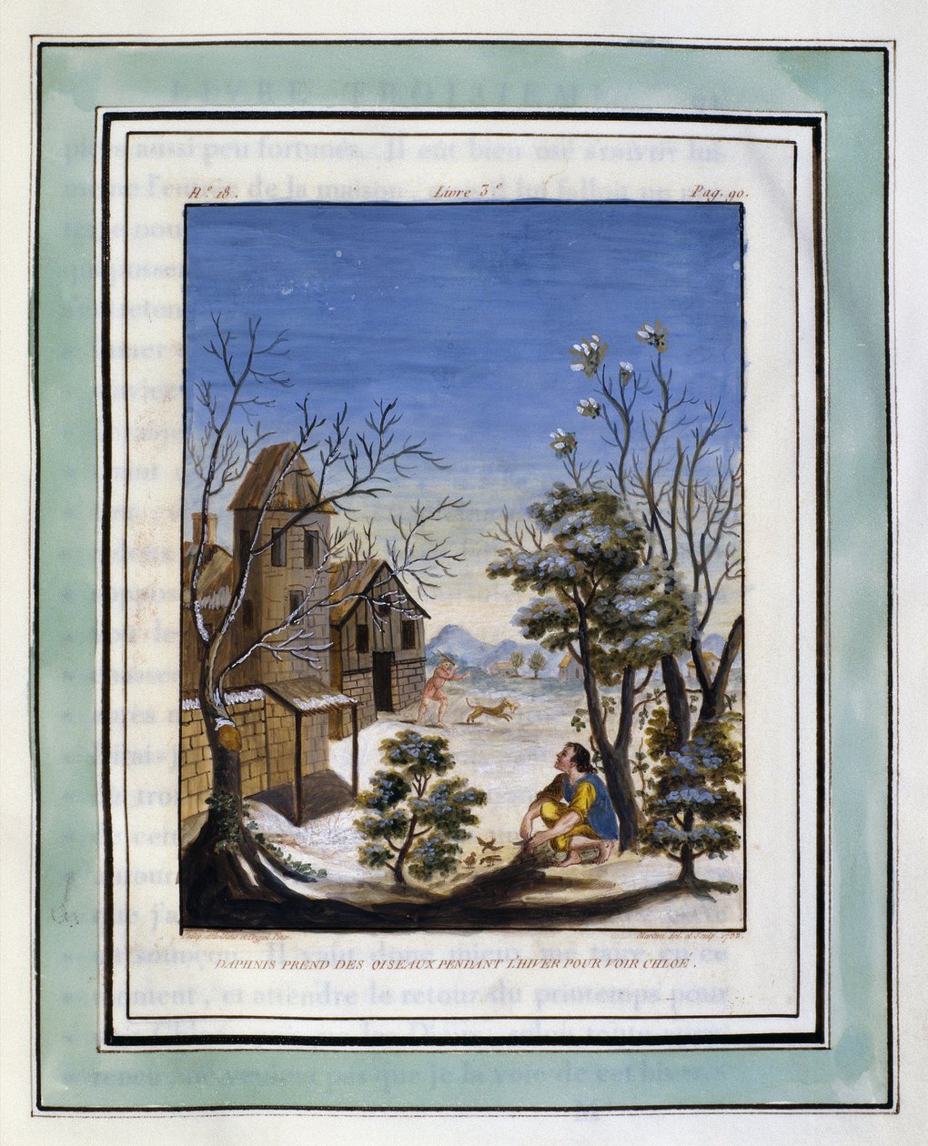 Daphnis fängt Vögel im Winter, um Chloe zu sehen. Zeichnung von Philippe d