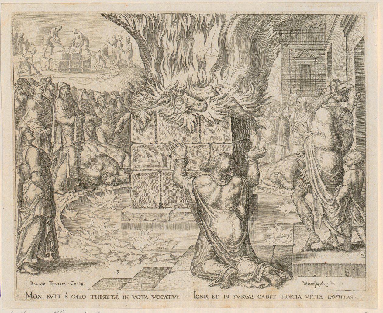 Elias Opfergabe wird durch das Feuer entzündet, Blatt 3 der Folge "Die Geschichte von Elias und den Priestern von Baal" von Philips Galle
