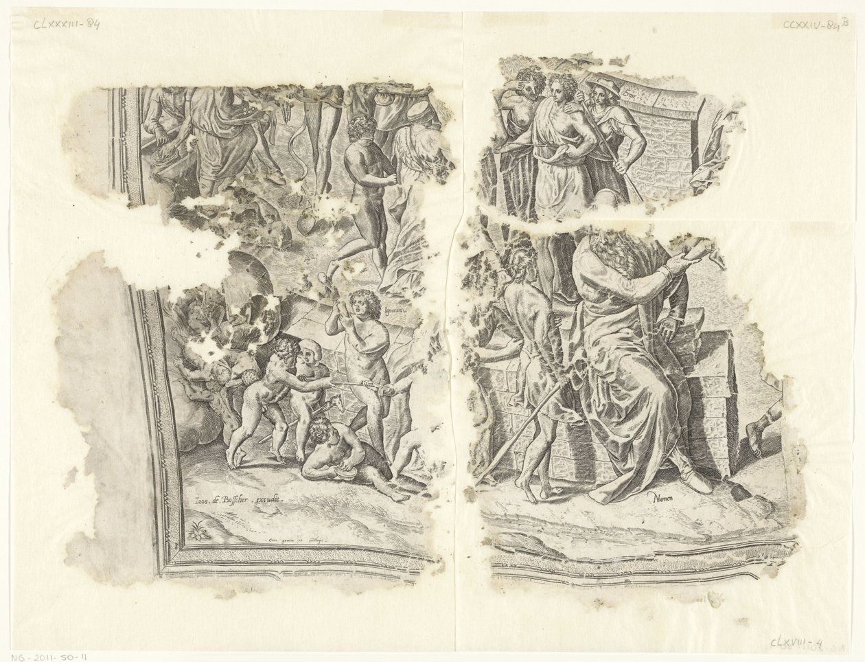Linke untere Ecke einer Druckgrafik der Szene von Cebes (Tabula Cebetis Carta Vitae) von Philips Galle