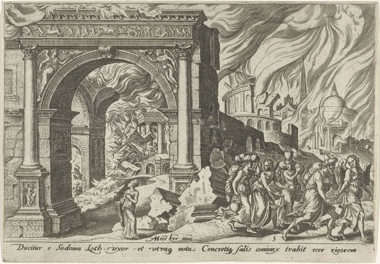 Lot und seine Familie verlassen die Stadt Sodom (Die Unglückstage des jüdischen Volkes) von Philips Galle