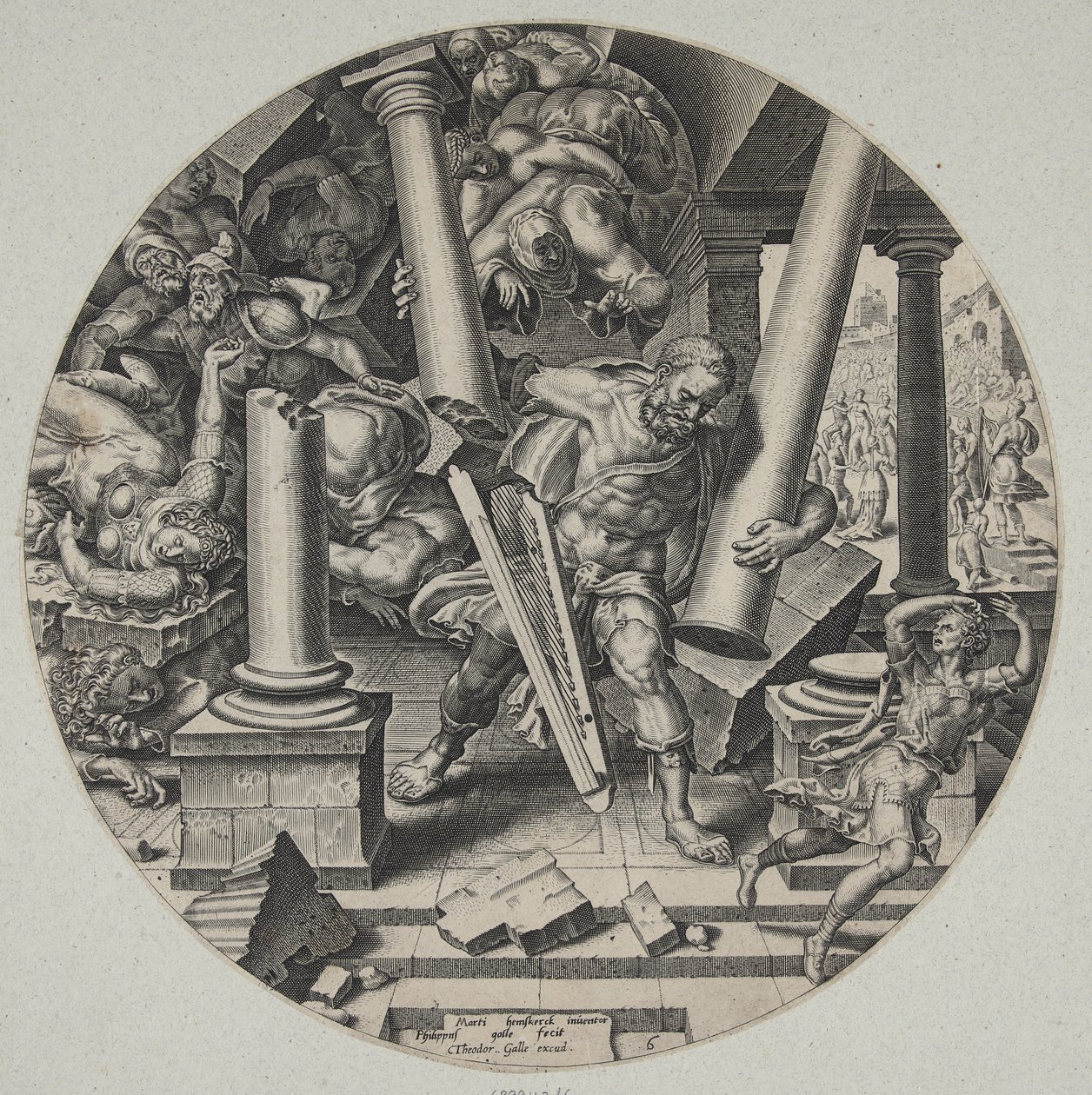 Samson zerstört den Tempel der Philister von Philips Galle