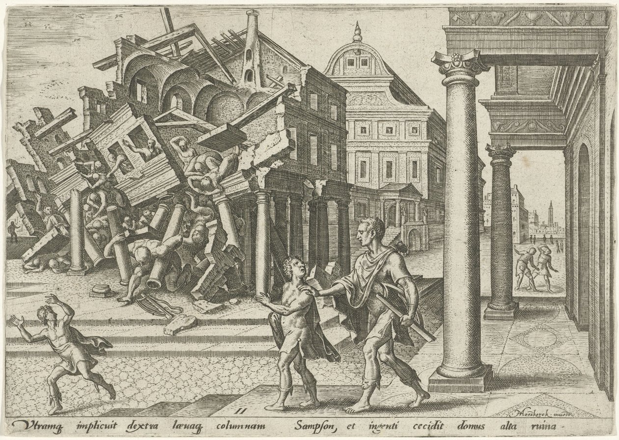 Simson zerstört den Tempel der Philister von Philips Galle