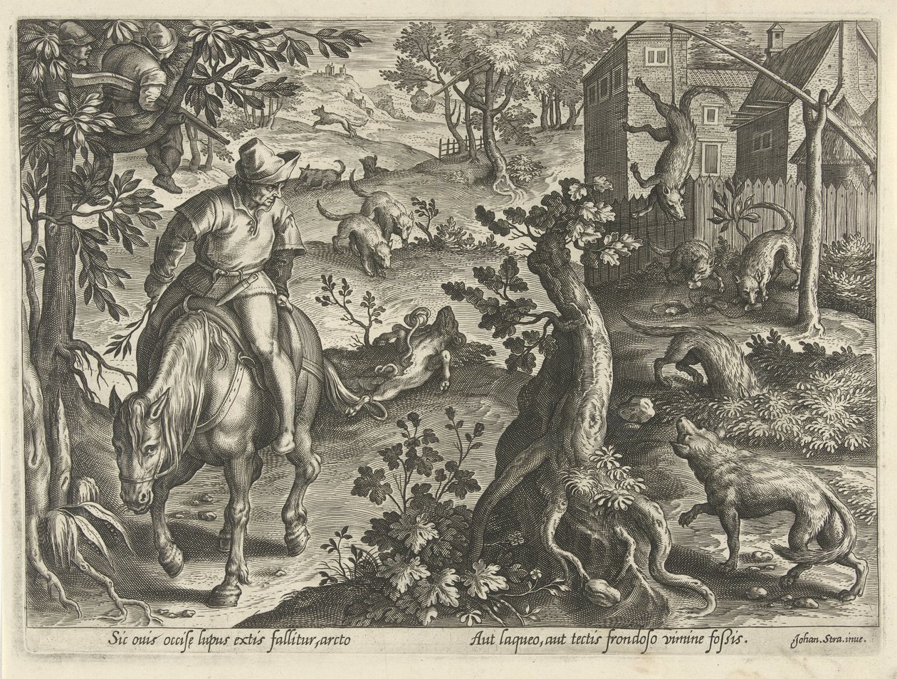 Wolfsjagd mit Fallen
Jagdszenen (Serientitel)
In quibus omne genus venationis, aucupij, piscatusque (Serientitel) von Philips Galle
