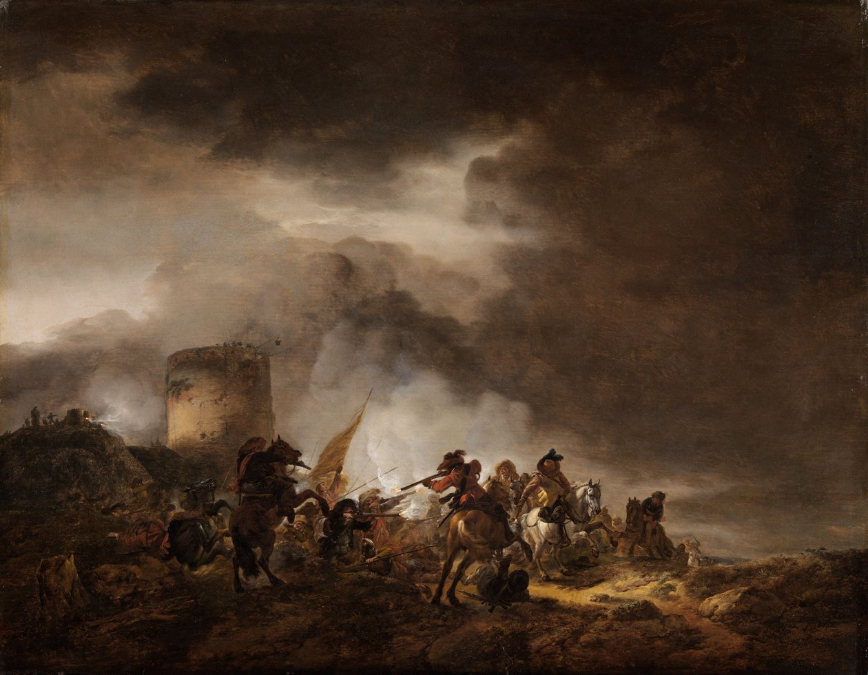 Kampf zwischen Reitern und Fußvolk vor einer Befestigungsanlage von Philips Wouwerman