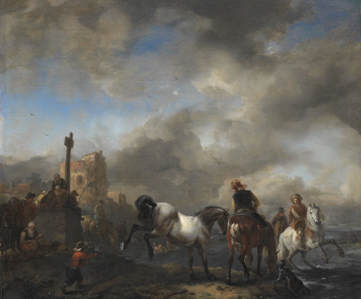 Pferdeteich bei einem Grenzstein von Philips Wouwermans or Wouvermans