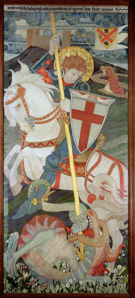 St. Georg tötet den Drachen, Una betet im Hintergrund, 1904 (Stickerei) von Phoebe Anna Traquair