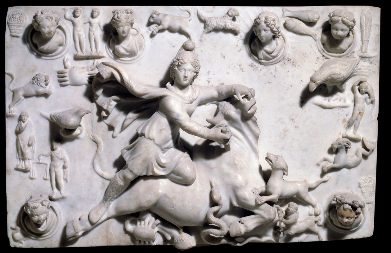 Orientalische Antiquitäten: Mithras tötet den Stier (aus dem Mithräum von Sidon). Flachrelief aus Marmor aus Sayda, 2.-3. Jahrhundert (griechisch-römische Periode, phönizisches Königreich). Paris, Louvre Museum von Phoenician Phoenician