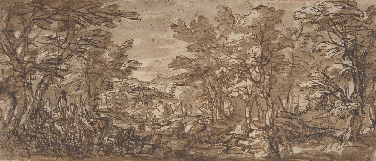 Waldszene, ein Halt links, eine Jagd in der Mitte, 1612-66 von Pier Francesco Mola