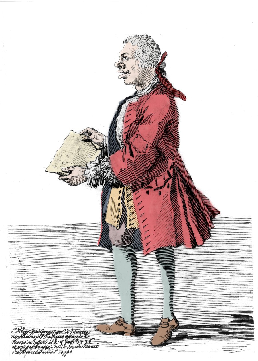 Karikatur von Giovanni Battista Pergolesi (Jean Baptiste Pergolese, Jean-Baptiste) (1710 - 1736). Zeichnung von Pier Leone Ghezzi (1674 - 1755), die berichtet, dass der Komponist an einem Bein behindert war und hinkte. 1736. von Pier Leone Ghezzi