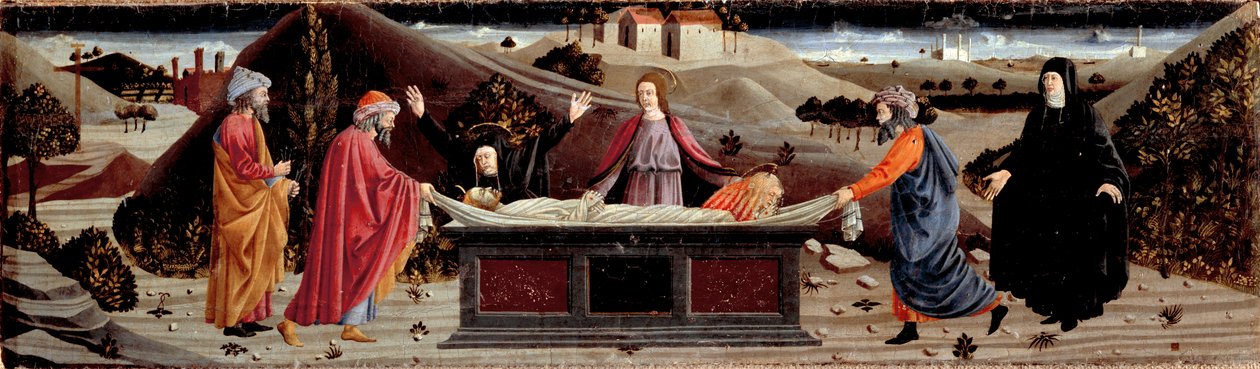 Polyptychon der Barmherzigkeit: um den Körper Jesu Christi: Heiliger Johannes, die Jungfrau Maria, Heilige Maria Magdalena, Heiliger Joseph von Arimathäa und Heiliger Nikodemus von Piero della (school of) Francesca