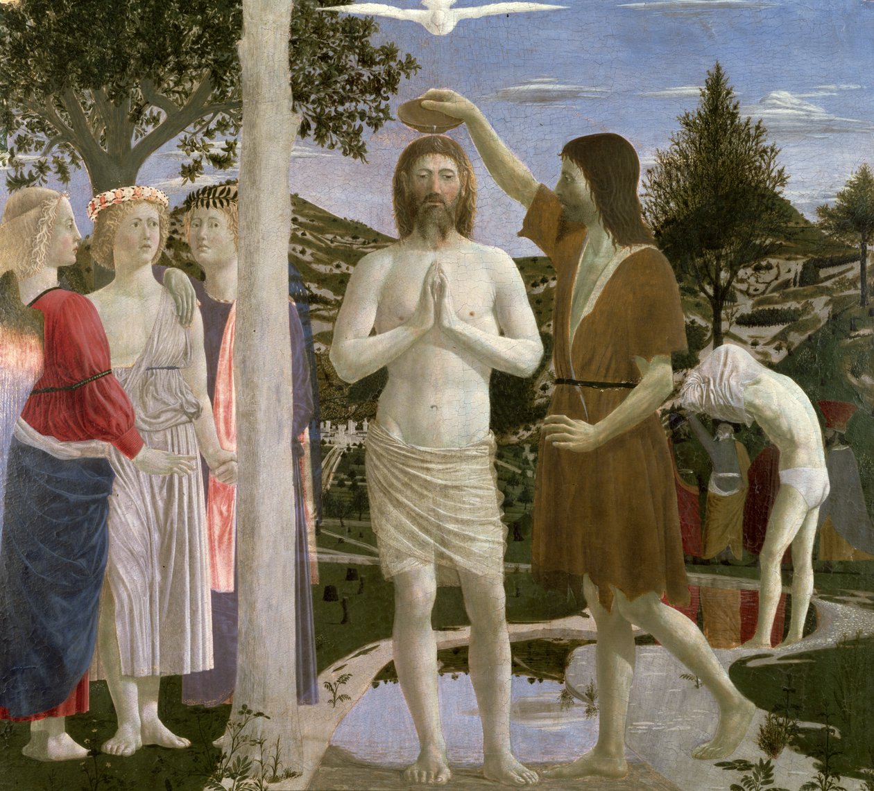 Taufe Christi, Detail von Christus, Johannes dem Täufer und Engeln, 1450 von Piero della Francesca