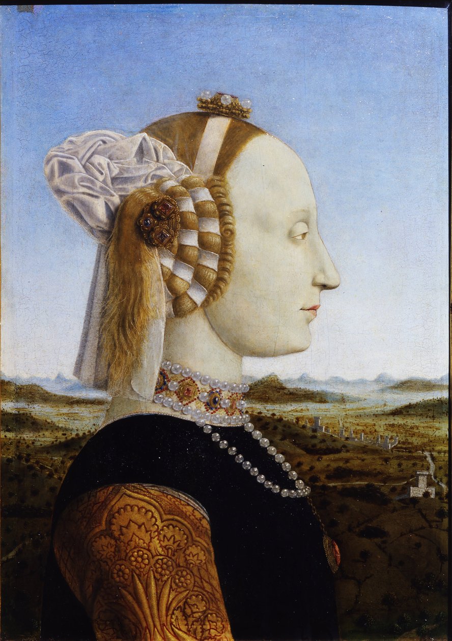 Porträt von Battista Sforza aus den Paarporträts von Federico da Montefeltro und seiner Frau, dem Herzog und der Herzogin von Urbino, 1472 von Piero della Francesca