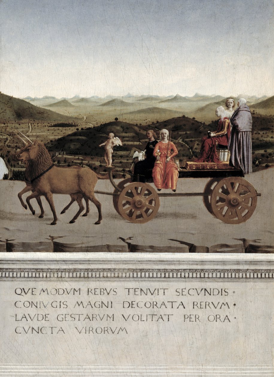 Triumph von Battista Sforza, Herzogin von Urbino. Battista und ihre Zofe, zwei theologische Tugenden und eine Nonne werden in einem Triumphwagen von zwei braunen Einhörnern gezogen, nach 1472 (Tempera auf Holz) (Detail) von Piero della Francesca