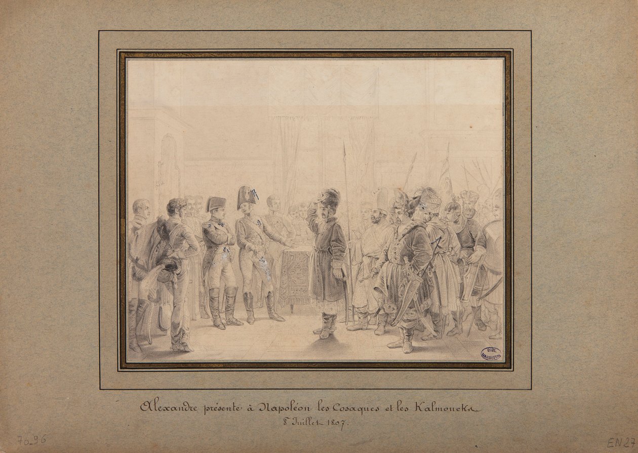 Alexander I. präsentiert die Kosaken und Kalmücken der russischen Armee Napoleon I. in Tilsit, 8. Juli 1807 von Pierre Nolasque Bergeret