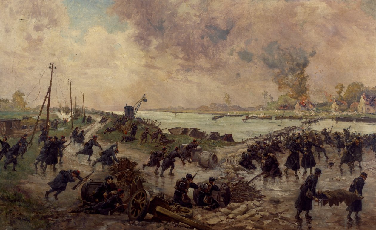 Belgische Truppen im Kampf an der Yser, Oktober 1914, Erster Weltkrieg, Belgien, 20. Jahrhundert von Pierre Ernest and Neymark Gustave Ballue
