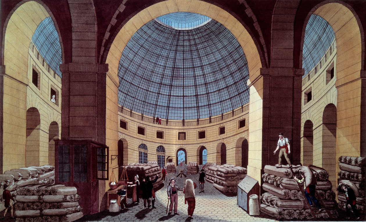 Ansicht der Halle au blé, gelegen am heutigen Hotel de Soissons (Börse) in Paris. Gravur von Guiguet nach Pierre Courvoisier (1756-1804) 18. Jahrhundert. Paris, B.N. von Pierre (after) Courvoisier