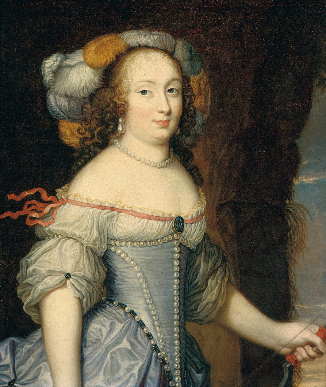 Porträt der Françoise Anthénaïs de Rochechouart de Mortemart, Marquise de Montespan (1640-1707), Halbfigur, als Diana, mit einem Federkopfschmuck und einem Bogen in der linken Hand von Pierre (circle of) Mignard