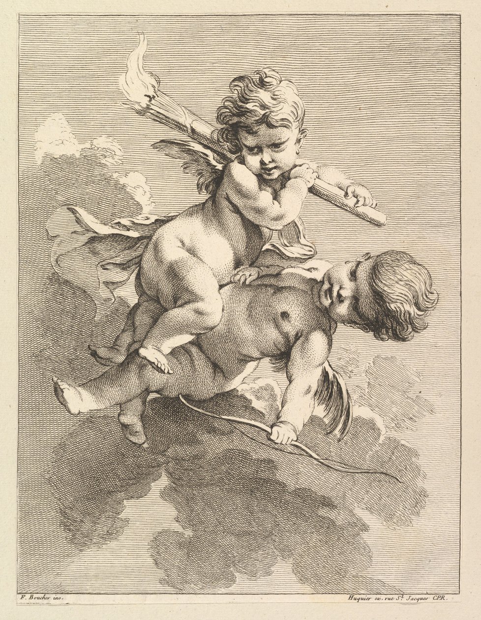Zwei Cupidos, einer trägt eine Fackel, der andere einen Bogen von Pierre-Alexandre Aveline