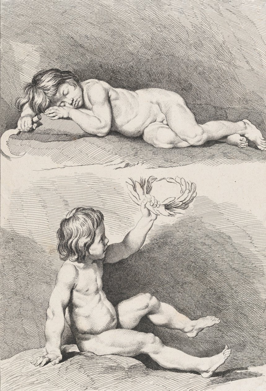 Zwei nackte Kinder, eines schlafend und das andere hält einen Kranz, aus New Book of Childr... von Pierre Alexandre Aveline