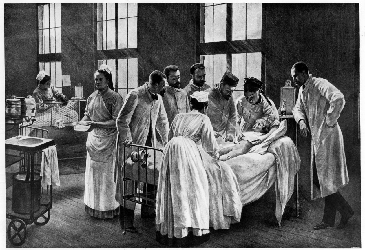 Le Croup im Krankenhaus Trousseau, von Andre Brouillet - Der Croup geheilt von Doktor Roux, graviert von E. Buval (Farblithografie) von Pierre Andre (after) Brouillet
