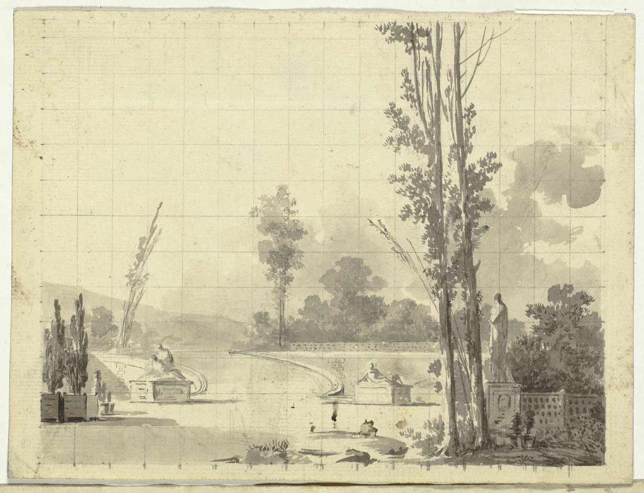 Ansicht des Parks von Versailles: Treppe und zwei Pappeln von Pierre Antoine Mongin