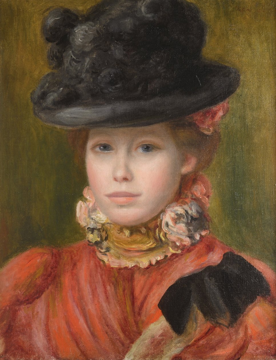 Mädchen mit schwarzem Hut und roten Blumen von Pierre Auguste Renoir